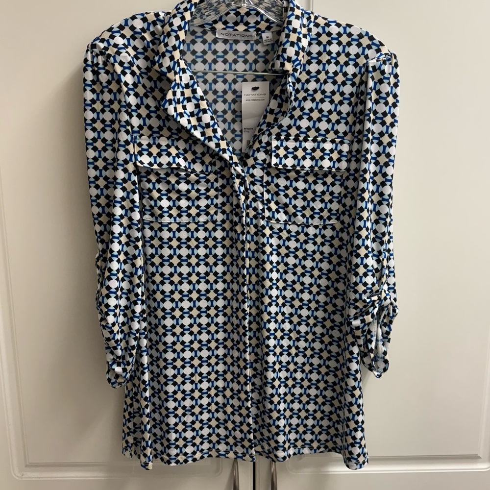 Notations Geometric Print Button Front Blouse Roll Tab Sleeves Size M NWT